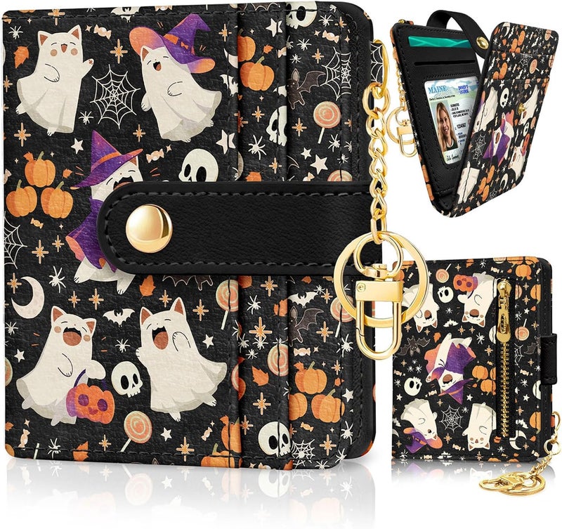 Jogjam Halloween Cute Cat Ghost Rfid Wallet, Small Spooky Bats Pumpkin Slim Thin Credit Card Women Wallet, PU Leather Bifold Cash Zipper Coin Pocket for Holiday Gifts - Image 1